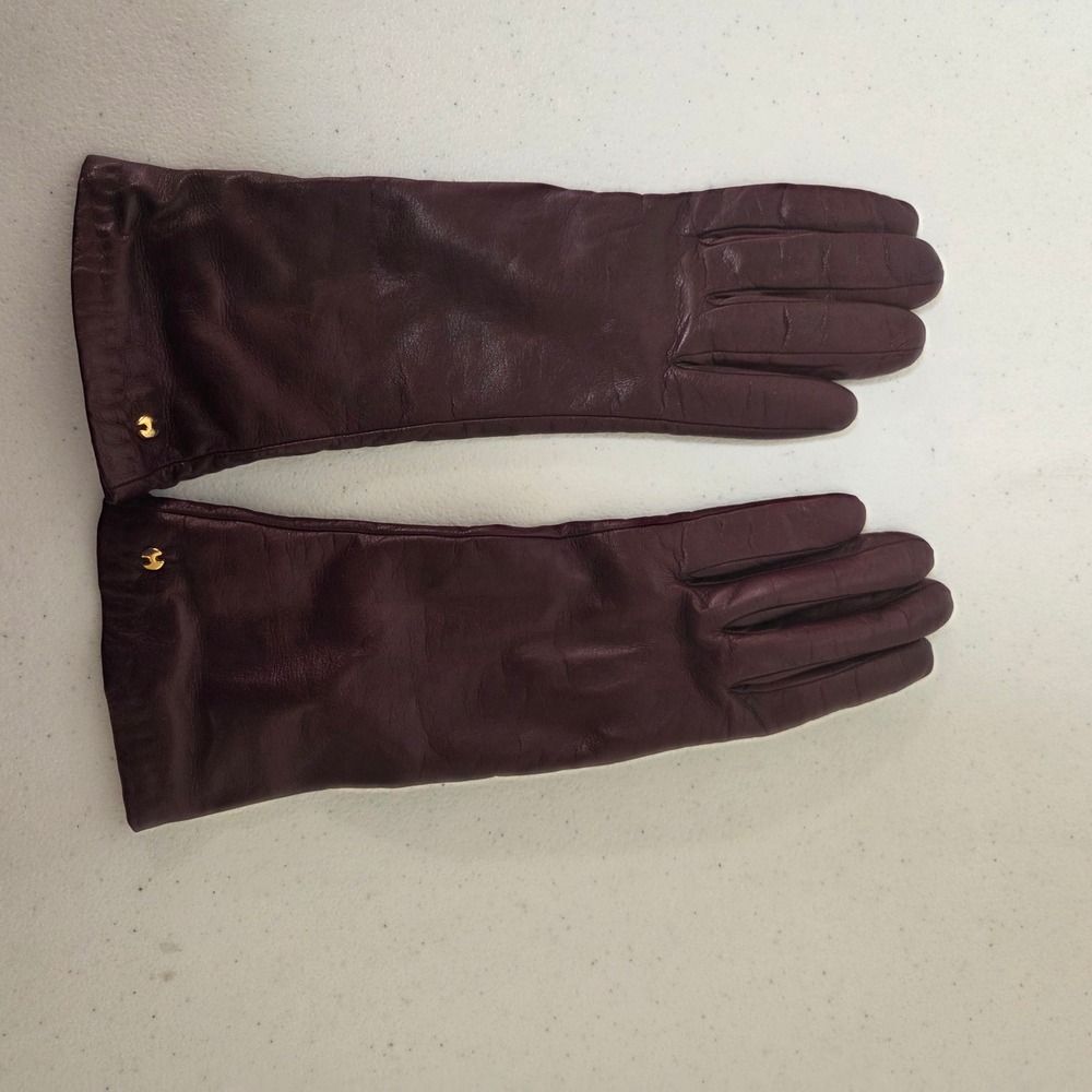 Halston Womens Burgundy Leather Gloves Gold Logo Stud Mid-Length Dress Gloves